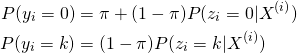 \begin{align*}P(y_i=0)&=\pi+(1-\pi)P(z_i=0|X^{(i)})\\P(y_i=k)&=(1-\pi)P(z_i=k|X^{(i)})\end{align*}