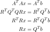\begin{align*}A^TAx&=A^Tb\\R^TQ^TQRx&=R^TQ^Tb\\R^TRx&=R^TQ^Tb\\Rx&=Q^Tb\end{align*}