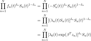 \begin{align*}\prod_{n=1}^N f_n(t)^{\delta_n}S_n(t)^{1-\delta_n}&=\prod_{n=1}^N (-S_n'(t))^{\delta_n} S_n(t)^{1-\delta_n}\\&=\prod_{n=1}^N [(\lambda_n(t) S_n(t)]^{\delta_n} S_n(t)^{1-\delta_n}\\&=\prod_{n=1}^N [\lambda_0(t)\exp(\beta^T z_n)]^{\delta_n} S_n(t)\end{align*}